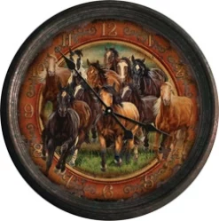 River's Edge Tin Wall Clock Running Horses 15"